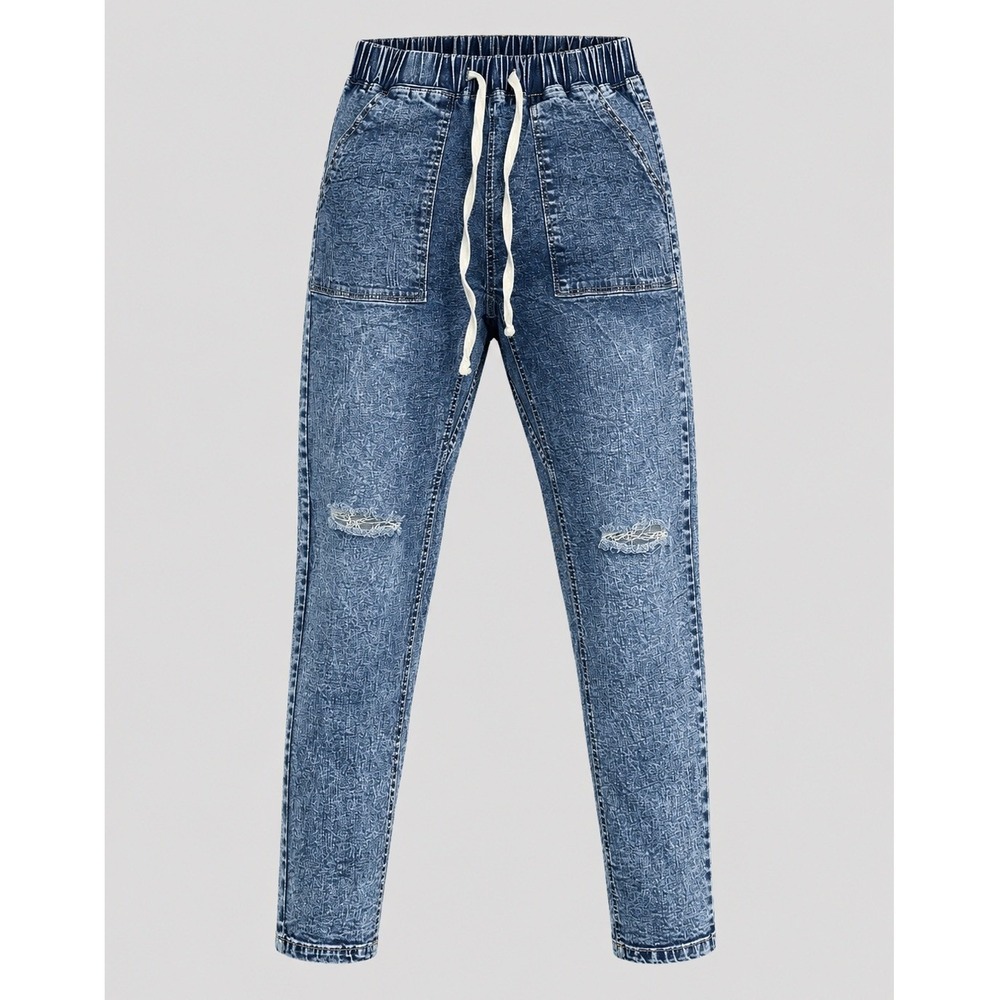 Acid Wash Distressed Jogger Jeans Blue High Waisted Elastic Drawstring Small
